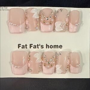 Pink French tip Embellished handmade Press on Nail Extensions